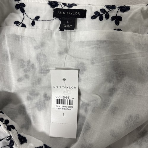 ANN TAYLOR Damen Kleid weiß mit dunkelblau bestickten Blumen Gürtel Gr. L - Bild 7 von 9