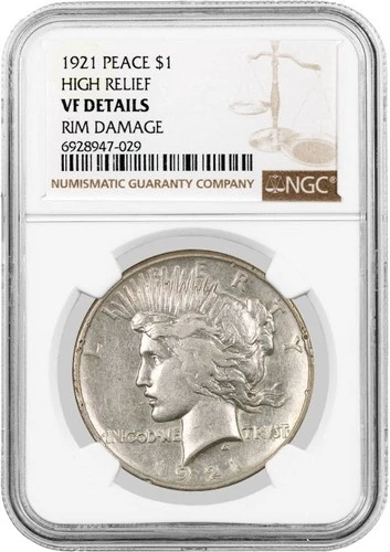 1921 High Relief $1 Silver Peace Dollar NGC VF Details Rim Damage Key Date Coin