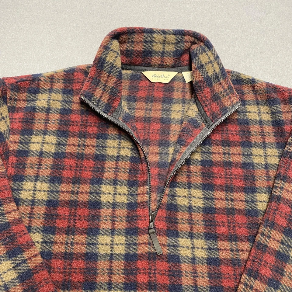 Suéter Eddie Bauer Para Hombres Pequeño Rojo Azul Marino A Cuadros Polar Cuarto Cremallera Pullover EE. UU. Foto 2 de 4