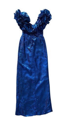 Vestido Formal Vintage Alyce Designs Lentejuelas Volantes Azul Baile de graduación Talla 8 EE. UU. - Imagen 8 de 13