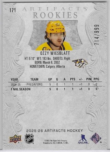 OZZY WIESBLATT 2025-6 UPPER DECK ARTIFACTS SILVER ROOKIES - Picture 2 of 2