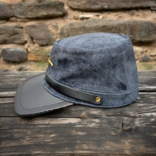 Civil War Grey Navy Suede Leather Mens Army Cap Crossed Gun Leather Strap Buckle - Picture 5 of 15