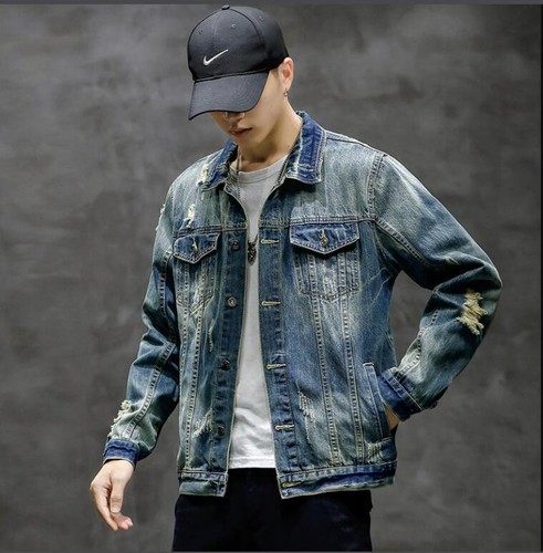 Mens Youth 2024 Fashion Slim Fit Ripped Distressed Denim Jeans Short Jacket  - Picture 2 of 13