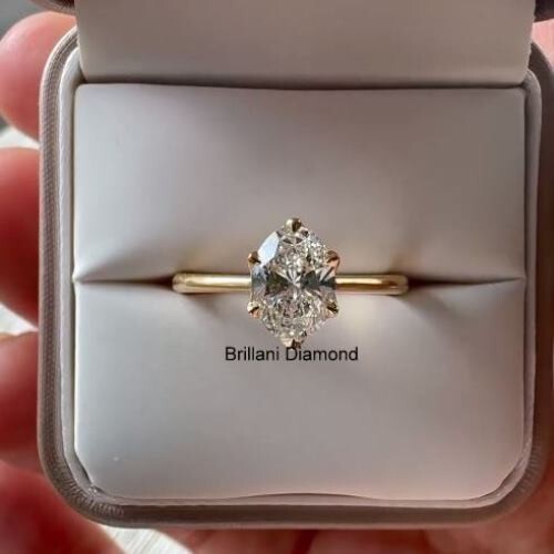 Anillo de compromiso solitario de diamantes cultivados en laboratorio de corte ovalado de 2 quilates de oro amarillo sólido de 14 quilates - Imagen 2 de 9