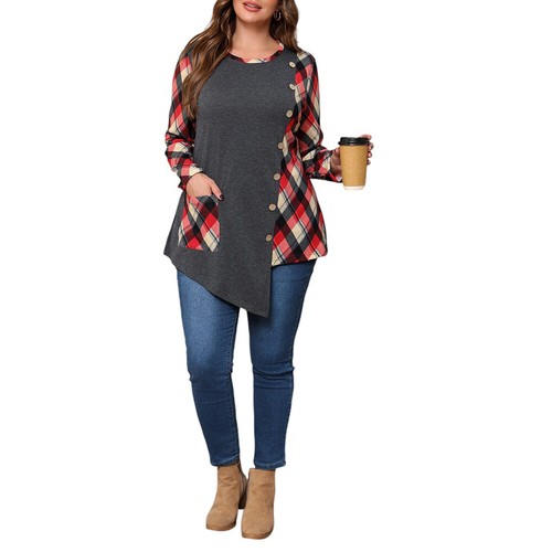 Plus Size Women Check Long Sleeve Casual Tunic Tops Button Loose T-Shirt Blouse - Picture 11 of 13