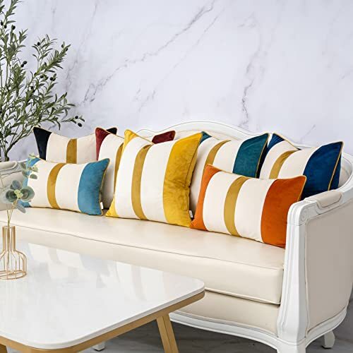 Navy Patchwork Lumbar Throw Pillow Cover Striped Velvet Cushion 12" x 20" Blue - Picture 6 of 6