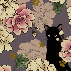 Quilt-Gate-Hyakka-Ryoran-Neko-Cat-HR3110Y-11J-Lavender-w-Gold-Metallic-BTY