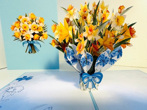 ORIGAMI POP CARDS Daffodil Bloom Flower Bouquet Happy Anniversary 3D Pop Up Card - Picture 2 of 11