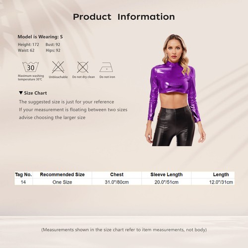 Women's Shiny Metallic Crop Top Turtleneck Disco Party T-Shirt Tops Clubwear - Picture 45 of 96
