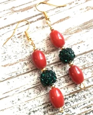 Red Green Holiday Christmas Stacked Glass Beads Shamballa Dangle 2.25" Earrings