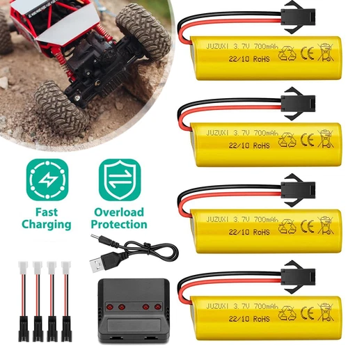 4pz 3.7V 1S 700mAh SM 2P spina batteria agli ioni di litio + caricatore 4in1 per RC auto barca 4WD - Foto 1 di 9