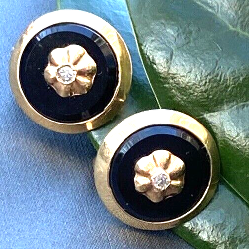 Vintage French Diamond Flower Earrings Estate Fine Jewelry Pre-Owned 18K Onyx - Picture 3 of 24
