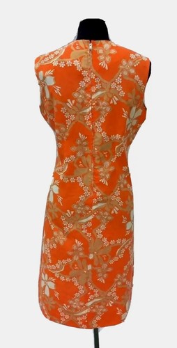 Women's Vintage Dress Sz M Orange White Beige Sheath Key Hole Embroidered Trim - Picture 2 of 6