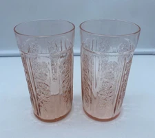 Set of 2 Federal Glass Cabbage Rose (Sharon) Pink Depression 5 1/8" TUMBLERS A42