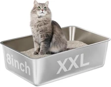 8IN  XXL Metal High Sided Stainless Steel Cat Litter Box  Non Stick, No Smell