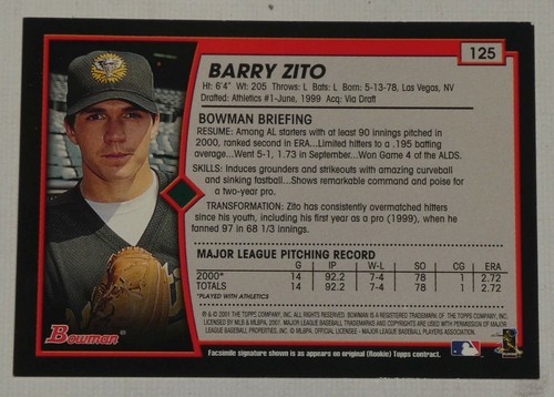 Barry Zito Signed 2001 Bowman A's Baseball Card #125 Autograph 2012 World Series - Picture 5 of 12