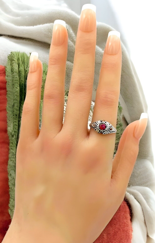 VICTORIA ANTIQUE STYLE 925 STERLING SILVER LAB RED FIRE OPAL FILIGREE RING #136 - Picture 4 of 4