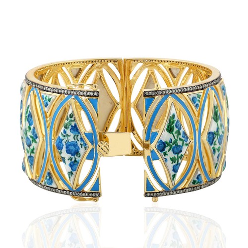 64.77ct Mother Of Pearl Enamel Floral Wide Bangle 925 Starling Silver - Picture 3 of 5