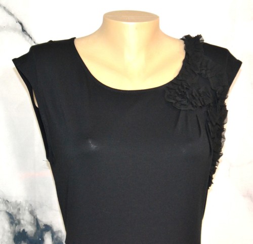 MERONA Black Sleeveless Stretch Jersey Dress Waist Ties Ruffle Shoulder Accent - Picture 2 of 8