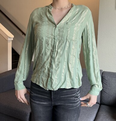 Promod Size 6 Green & Gold Striped Long Sleeve Button Down Womens Top Blouse
