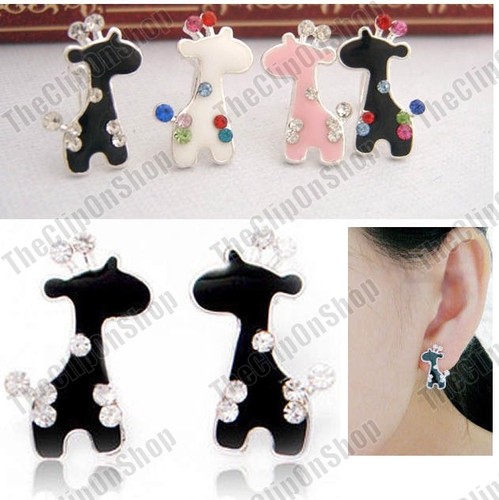 CUTE GIRAFFE clip on EARRINGS animal kitsch clips ENAMEL rhinestone CRYSTAL - Picture 1 of 7