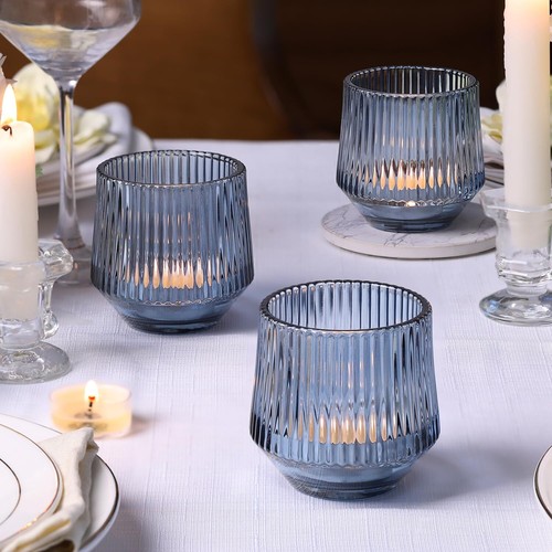 12 Pcs Large Blue Votive Candle Holders- 3.15"×3.15" Ribbed Blue Candle Holde... - Picture 5 of 7