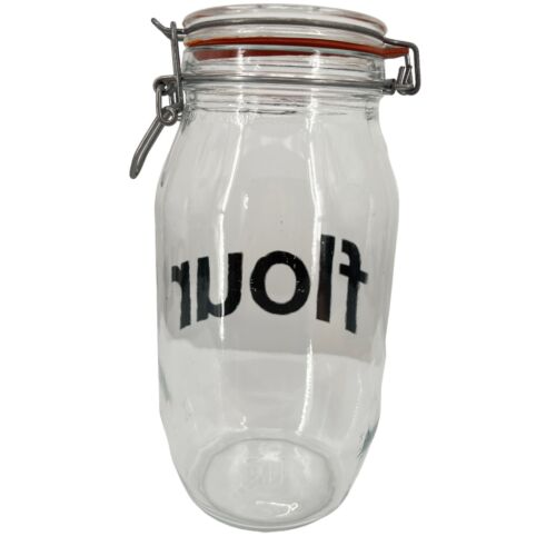 France Vintage Glass Flour Jar 2 L Canister Wire Bail Lid Lock Typography - Picture 5 of 8