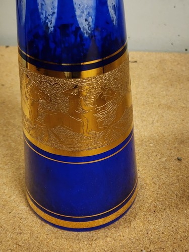 Vintage 20s Bohemian Moser Crystal Arcade Blue Czech Decanter Gold Foil Chariot - Picture 4 of 9