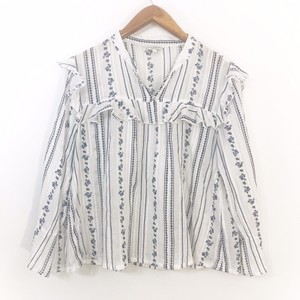Lucky-Brand-White-Blue-Stripe-Floral-Ruffle-Long-Sleeve-Blouse-Women-039-s-Large-L
