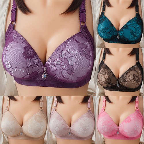 Womens Push Up Full Coverage Bra Wireless Deep-V Lace Bras Gather Underwear UK