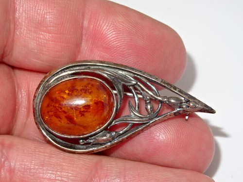 Vintage Attractive 925 Sterling Silver & Amber Brooch #7 - Picture 4 of 4