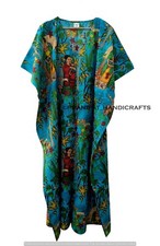 Indian Turquoise Long Floral Print Cotton Maxi Women Nightwear Caftan Dress