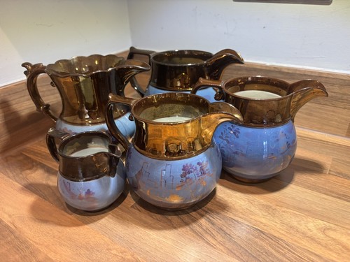 Antique Copper Lustre Jug with Blue & purple lustre painting X 5 - Picture 22 of 23