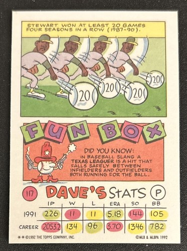 1992 Topps Kids Dave Stewart Baseball Card #117 Athletics Pitcher EXMT O/C - Picture 2 of 2