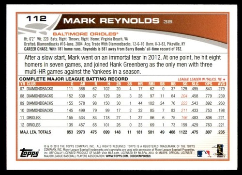 2013 Topps Baseball #112 Mark Reynolds - Picture 4 of 8
