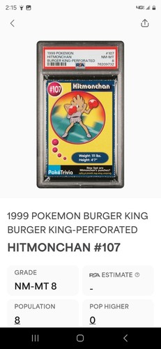 1999 🍔🫅🏻Hitmonchan Pokemon #107 Burger King Perforated PSA-8, None Higher - Picture 3 of 3