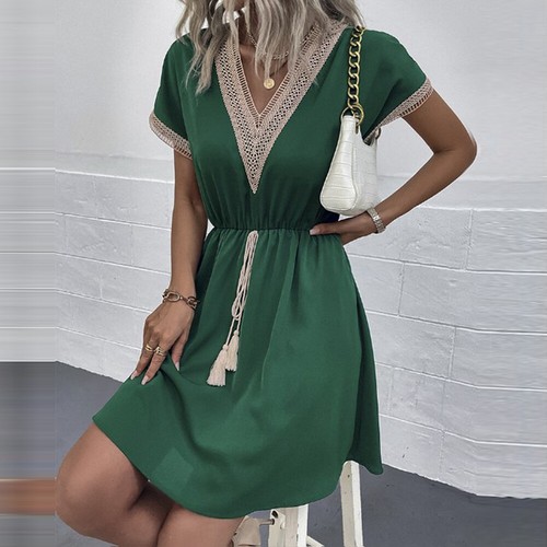 Damen V-Ausschnitt Spitzenkleid Sommer Kurzarm Strand Minikleid # < - Bild 15 von 30