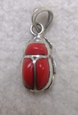 Exquisite Pharaonic Beetle Sterling Silver Solid 925  Pendant Inlay Coral Stone.