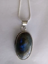 Handcrafted necklace. Blue Labradorite 1.25 oval pendant on 18 inc