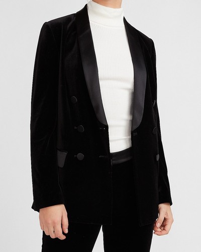 NEW Sz XS 0-2 Womens Express Double Breasted Blazer in Black Velvet Tux Satin - Picture 1 of 8