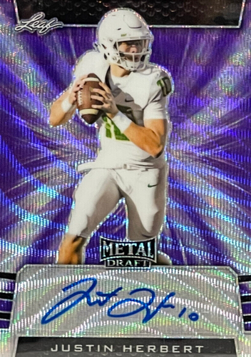 2019 2020 Leaf Metal Draft PURPLE WAVE Prizm JUSTIN HERBERT RC AUTO # /15 PSA 10 - Picture 3 of 6