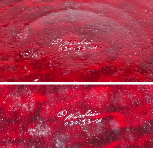 Gorgeous LARGE 17" Mesolini Glass Studios art lotus bowl, iridescent ruby, EXC - Picture 7 of 11