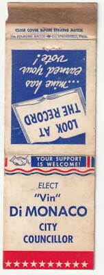 MATCHBOOK COVER ELECT ''VIN'' Di MONACO CITY COUNCILLOR SPRINGFIELD MASSACHUSETTS