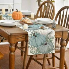 Pumpkins Eucalyptus Leaves Fall Table Runner Autumn Thanksgiving Kitchen Dini...