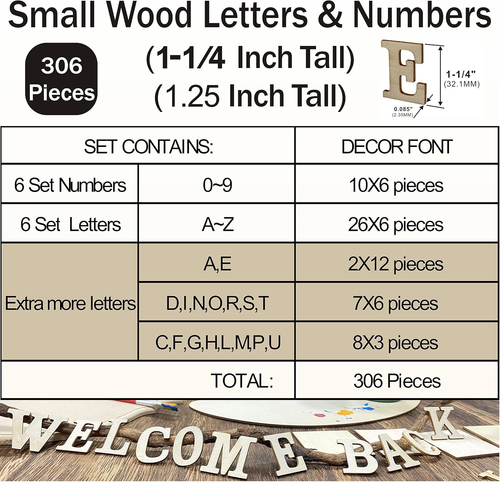 306 Pieces 1-1/4 Inch(1.25") Small Unfinished Wooden Letters and Wooden Numbers - Picture 2 of 12