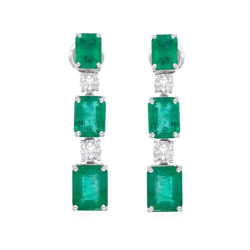 Elegant 10.78ctw Sambianischer Smaragd & H/Si Diamant Lang Ohrringe 14K Weißgold - Bild 2 von 9