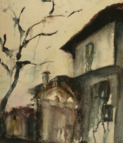 80's impressionist watercolor painting landscape town street - Picture 7 of 12