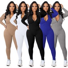 Womens One Piece Long Sleeve Bodysuit Zip Up Yoga Sport Workout Jumpsuit Rompers
