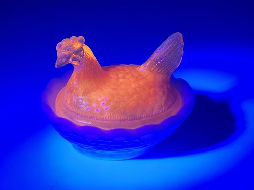 Vintage Miniature 2 Hens on Nest Rosso Turquoise Blue & Westmoreland Carnival - Picture 11 of 18