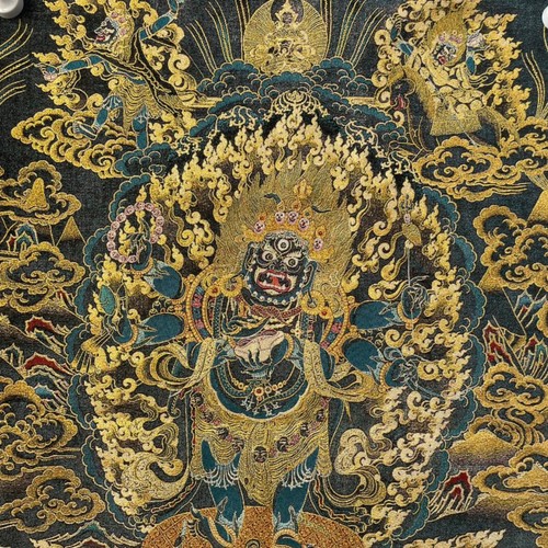 35"decor Tibet Silk Cloth Embroidery Buddhist Protector Six-hands Mahakala Mural - Picture 2 of 8